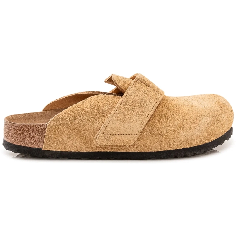 Birkenstock Slides Sabot in Pelle Scamosciata con Cinturino beige