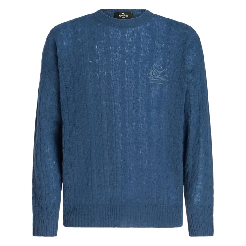 Etro Pull Textured Cable Knit C-Neck Sweater Blue