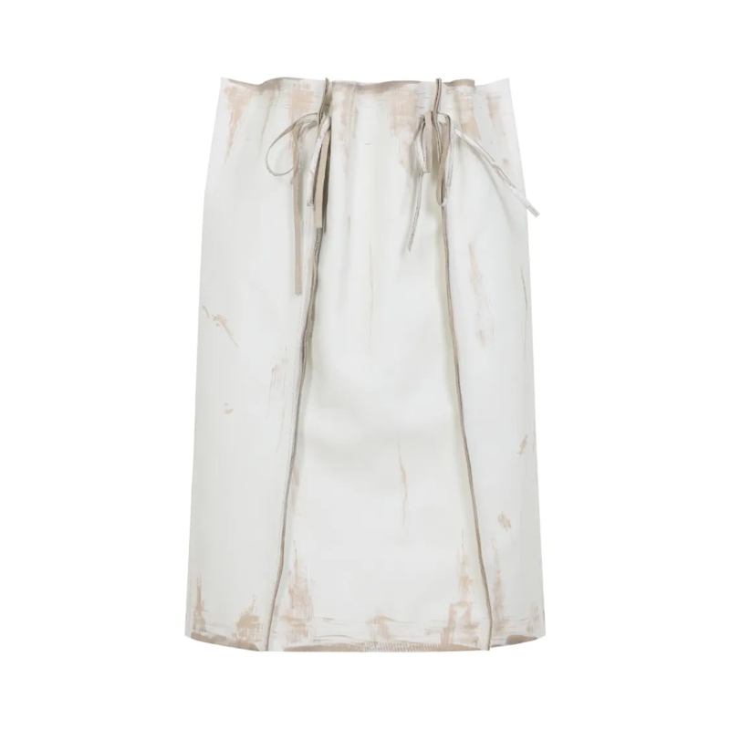 Prada Midirok High-Waisted Distressed Calf Leather Skirt White