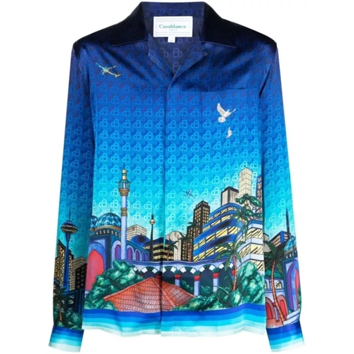 Casablanca Cuban-Collar Silk Shirt Blue 