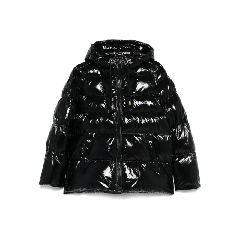 Pinko  Glossy Puffy Coat With Hood And Relaxed Fit Black