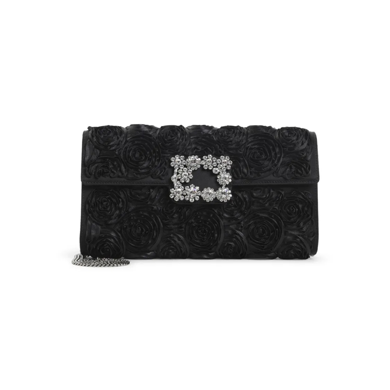 Roger Vivier Sac à bandoulière Textured Satin Clutch With Rosette Patterns Black