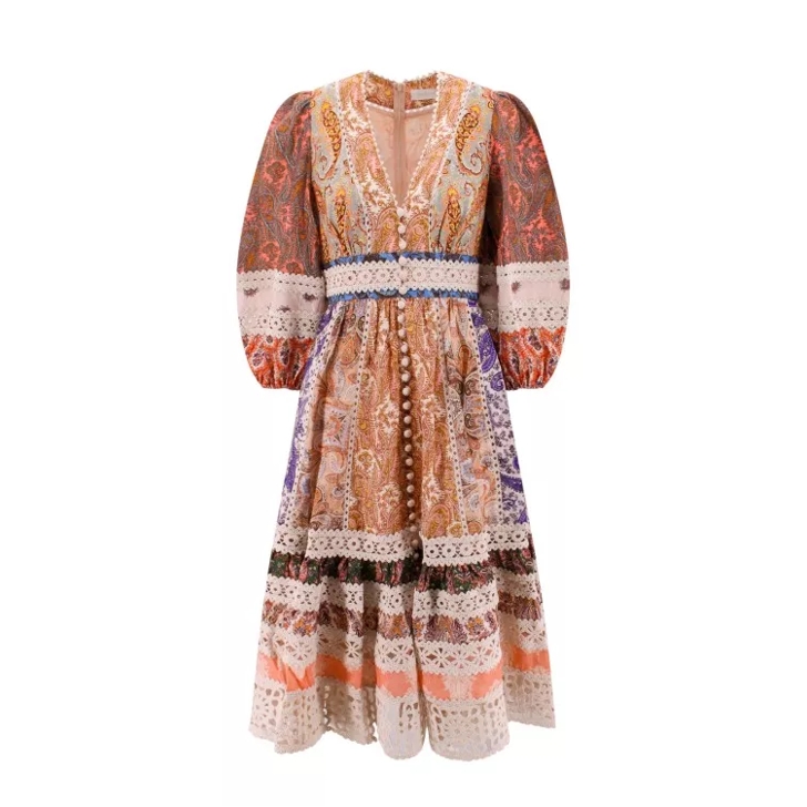 Zimmermann Linen Midi Dress With Spliced Paisley Print Multicolor