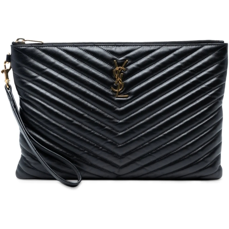 Saint Laurent Pochette Quilted Chevron Leather Monogram Document Holder schwarz