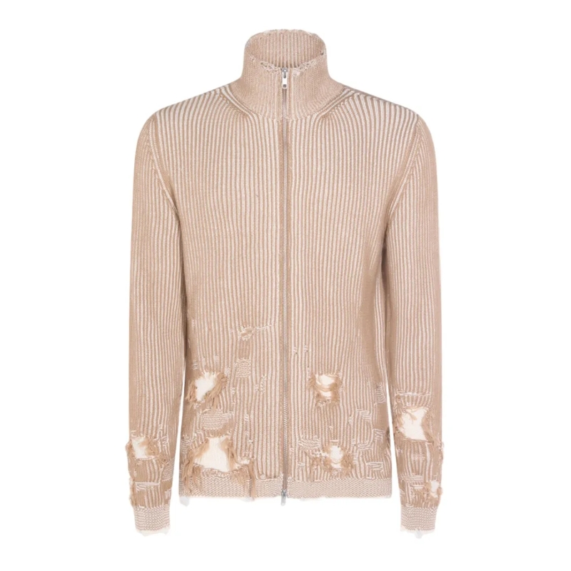 MM6 Maison Margiela Pullover Ribbed High Collar Sweater With Distressed Detaili Neutrals