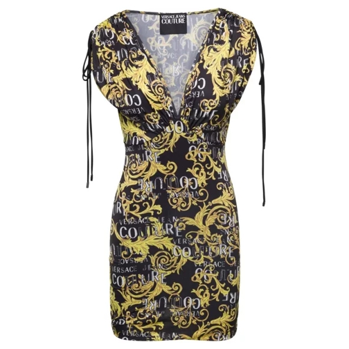 Versace Jeans Couture Multicolor V Neck Mini Dress With All-Over Couture Black 