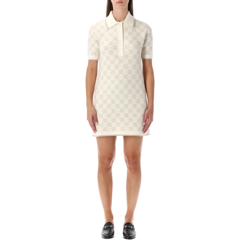 Gucci Minikleid Bouclé Wool Ans Cashmere Polo Dress Neutrals