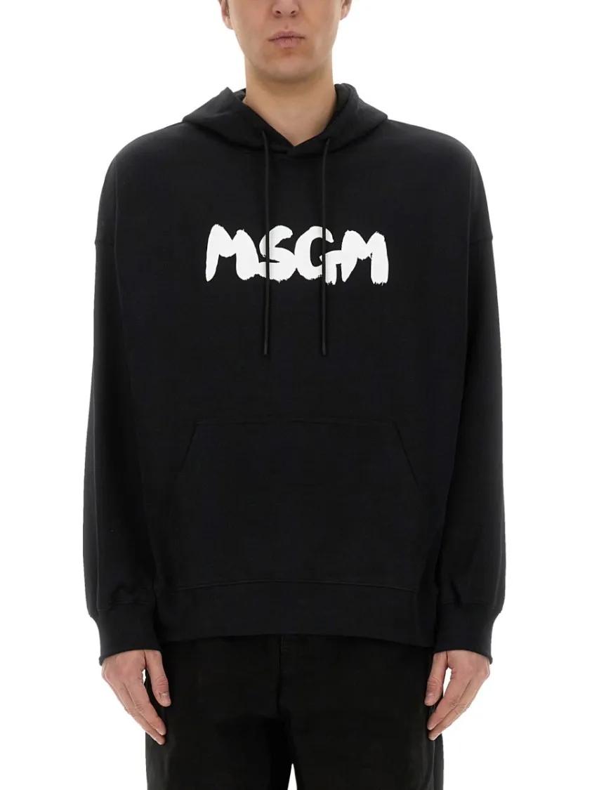 Thumbnail - MSGM - Black Hoodie With Spacious Hood And Graphic Logo - Größe L - schwarz