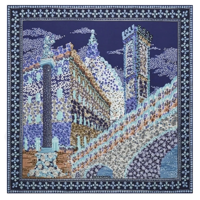 Salvatore Ferragamo Lichtgewicht Sjaal Square Silk Scarf With Palazzo Print Design Blue