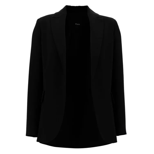 Plain Black Open Jacket With Peak Revers In Fabric Black