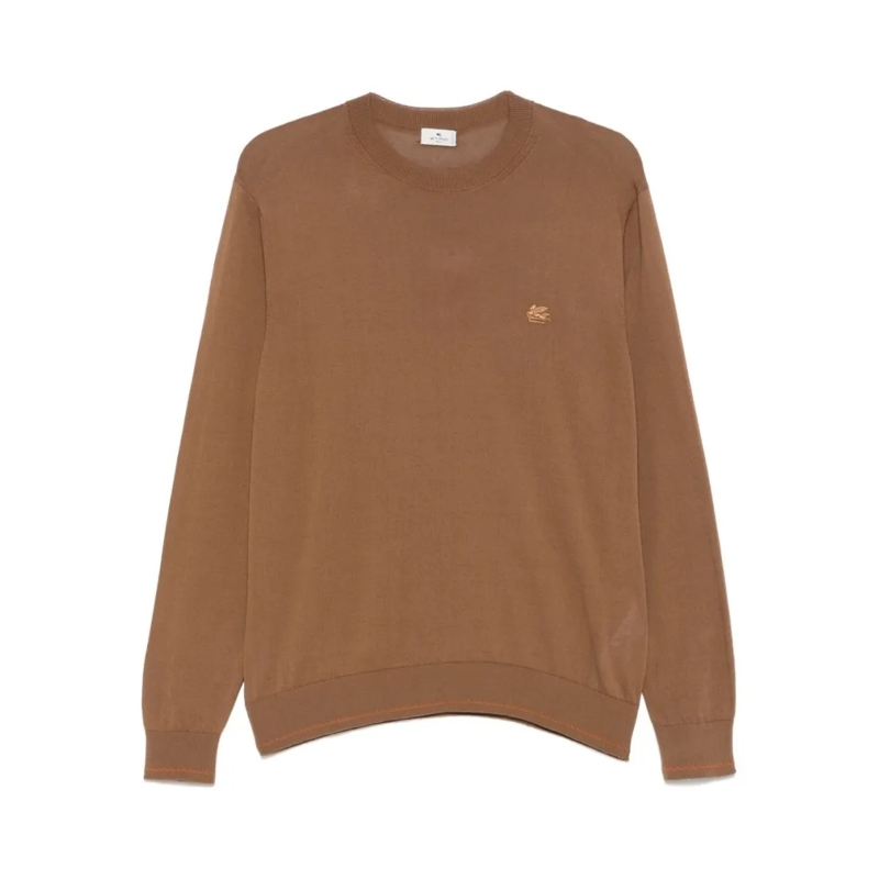 Etro Trui Solid Brown Cotton Sweater With Crew Neckline Brown