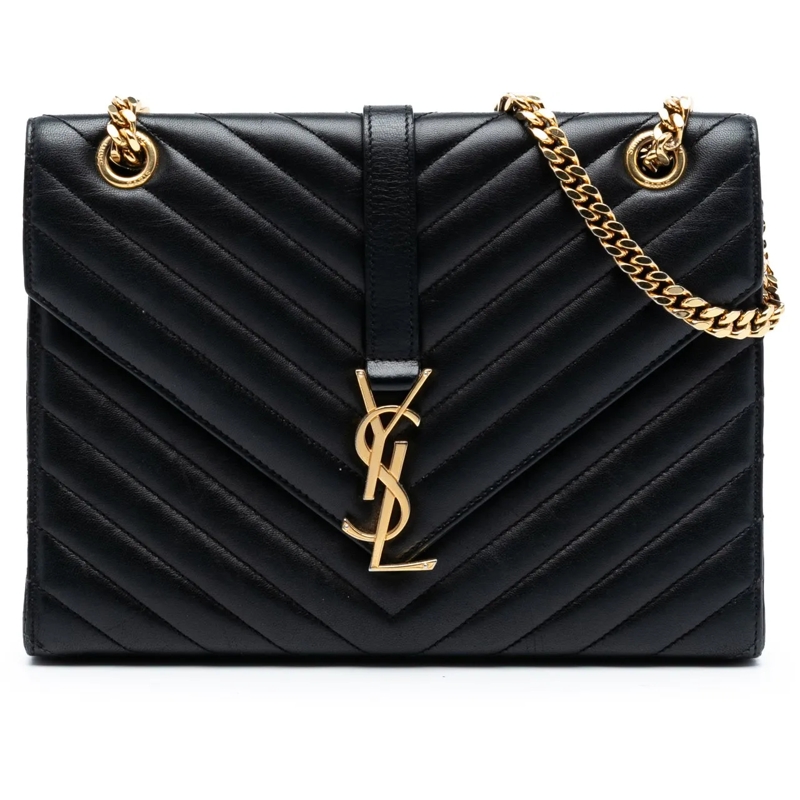 Saint Laurent Schultertasche Medium Chevron Calfskin Monogram Envelope Bag schwarz
