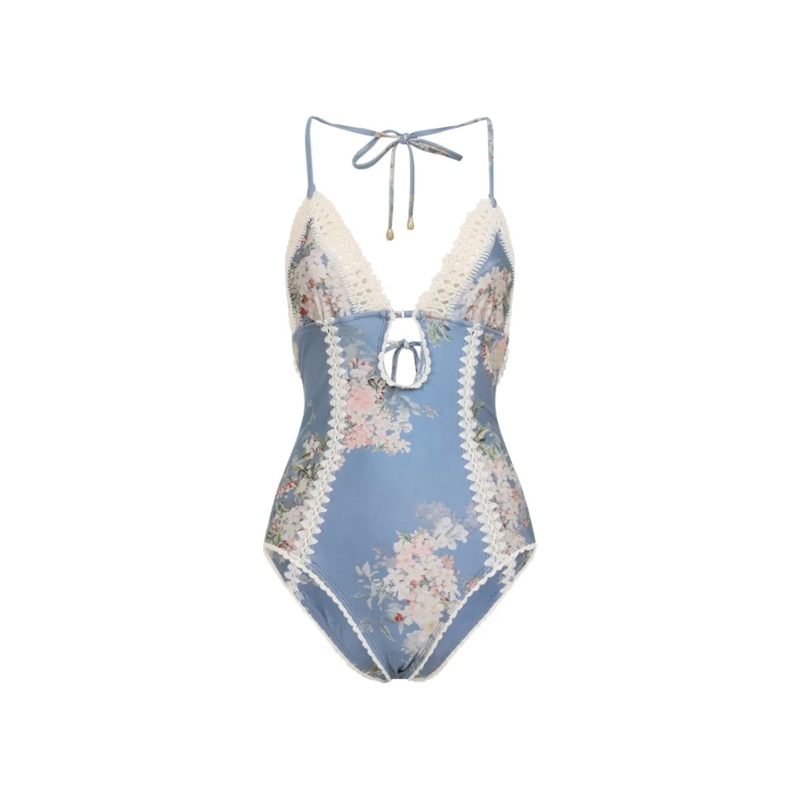 Zimmermann  Plunging Neckline Swimsuit With Lace Trim Blue