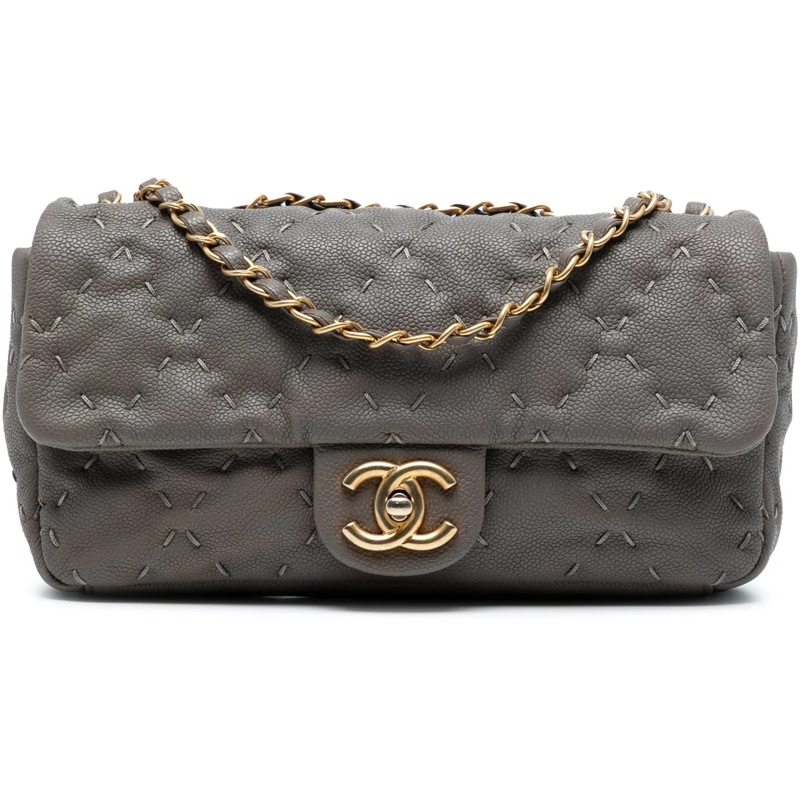 Chanel Sac à bandoulière CC Caviar Wild Stitch Flap grau