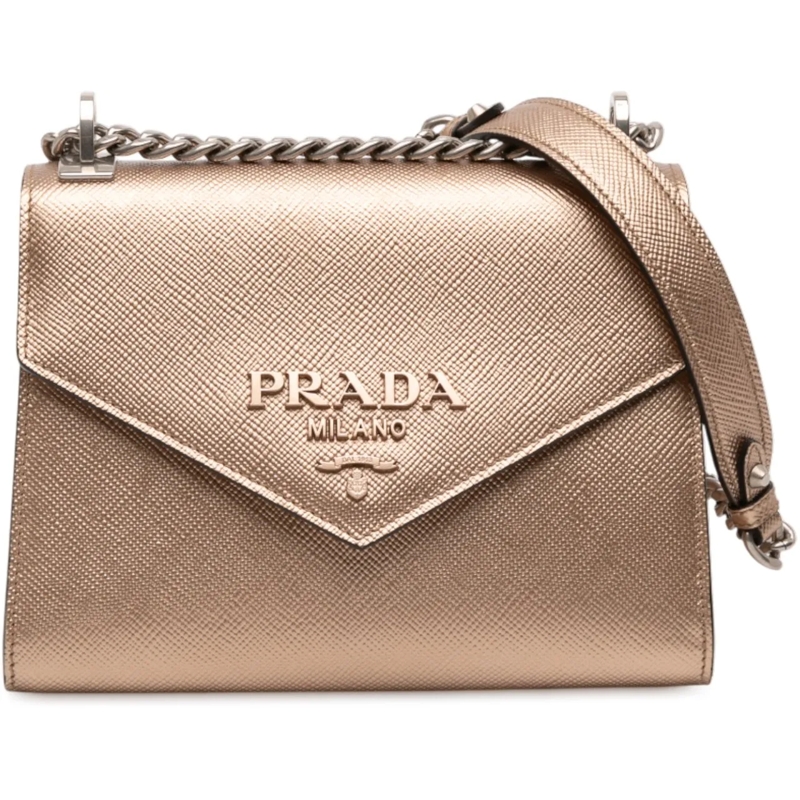Prada Schultertasche Metallic Saffiano Cuir Leather Monochrome Envelope braun
