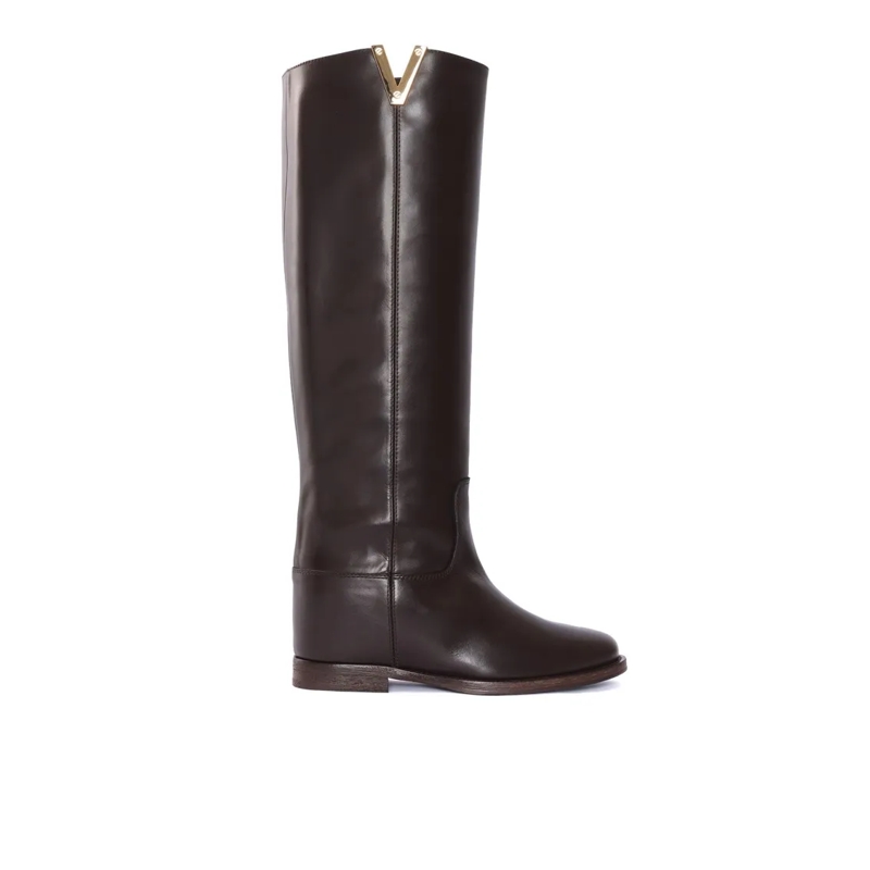 Via Roma 15 Bottes Pointed Toe V-Cutout Leather Boots Brown