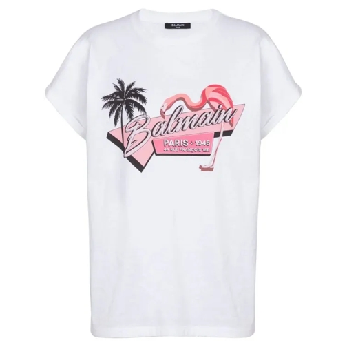 Balmain Flamingo-Print Cotton T-Shirt White 