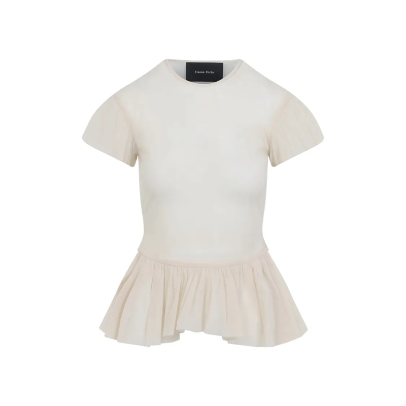 Simone Rocha Chemisier Fitted Nude Top With Puff Sleeves And Peplum Hem White