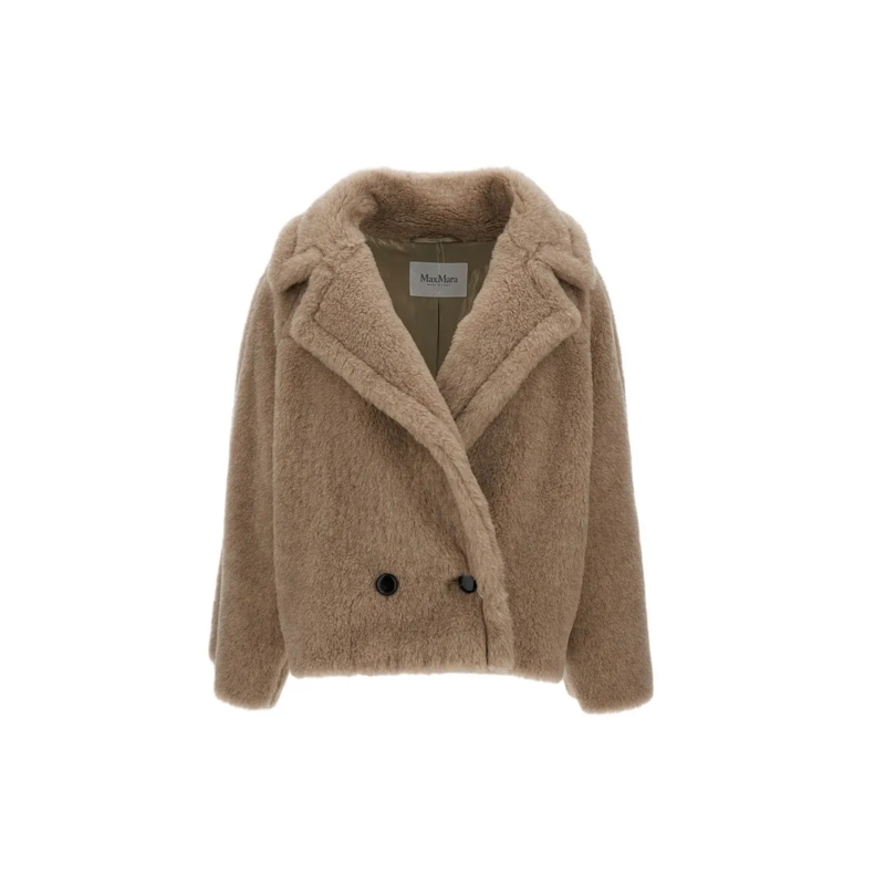 Max Mara  Plush Double-Breasted Fur Coat With V-Neck Brown