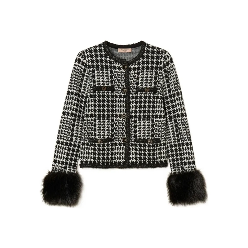 Twin-Set Overgangsjas Houndstooth Pattern Jacket With Faux Fur Accents Grey