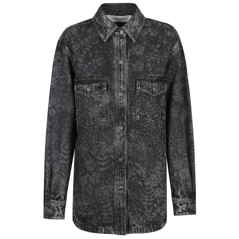 Golden Goose Chemise Floral Print Boyfriend Shirt In Washed Cotton Deni Black