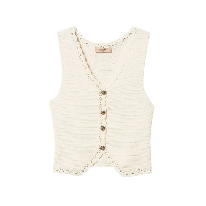 Twin-Set Pull Sleeveless Knit Vest With Scalloped Edges And Text White
