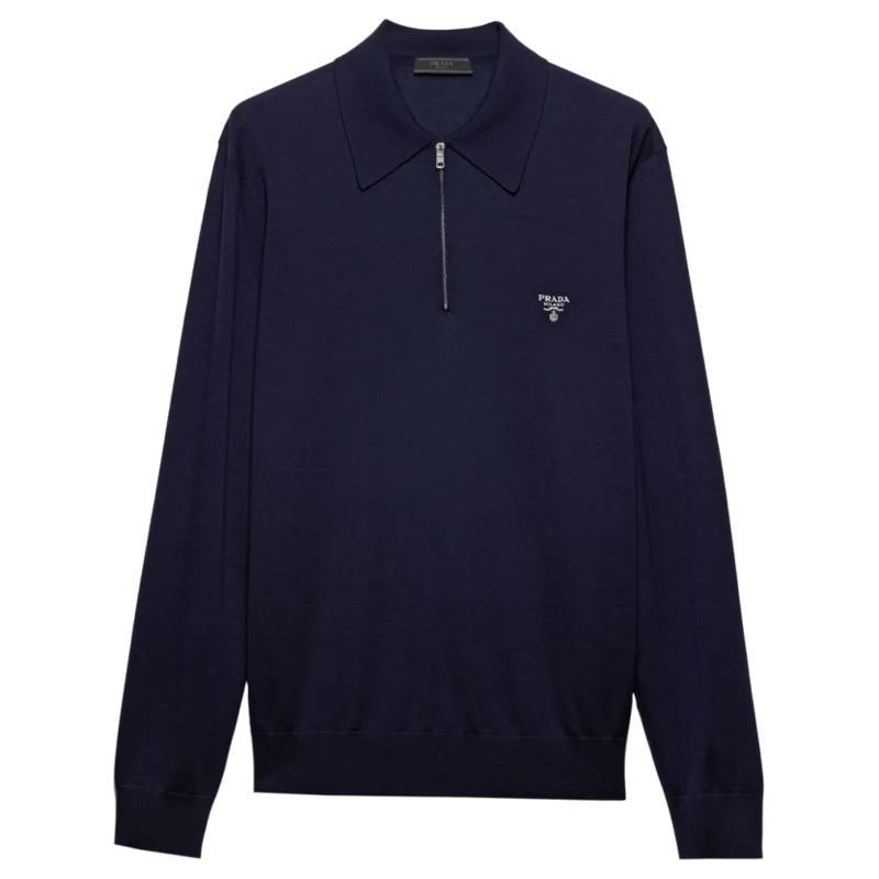 Prada Polo shirt Fine Knit Wool Polo Shirt With Zip Fastening Blue