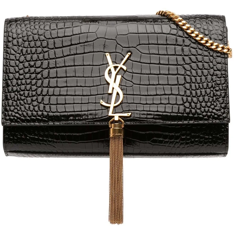 Saint Laurent Schultertasche Medium Croc Embossed Leather Kate Tassel Crossbody schwarz
