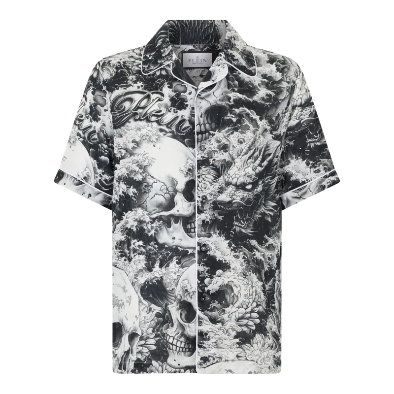 Philipp Plein Hemd Linen Bowling Shirt All-Over Ceramic schwarz
