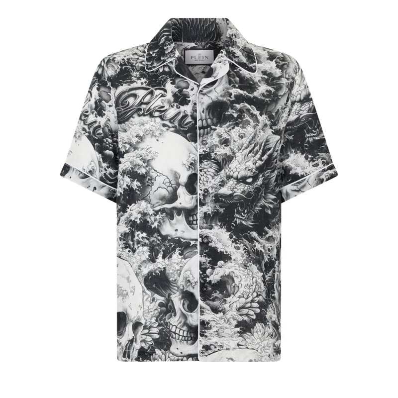 Philipp Plein Hemd Linen Bowling Shirt All-Over Ceramic schwarz