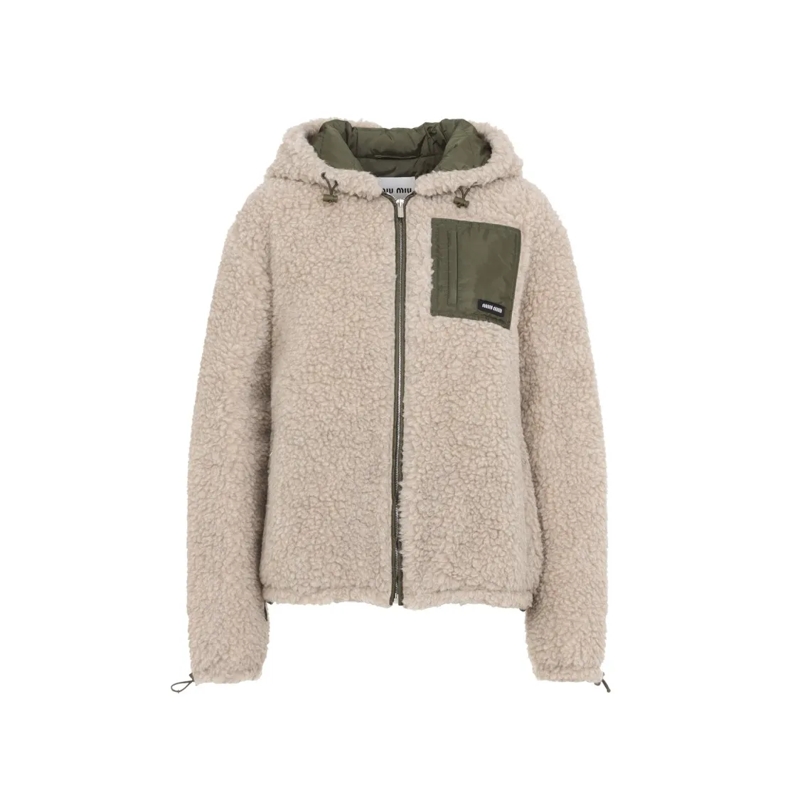 Miu Miu Jas in omgekeerd lam Tailored Wool Blend Jacket With Adjustable Hood Neutrals