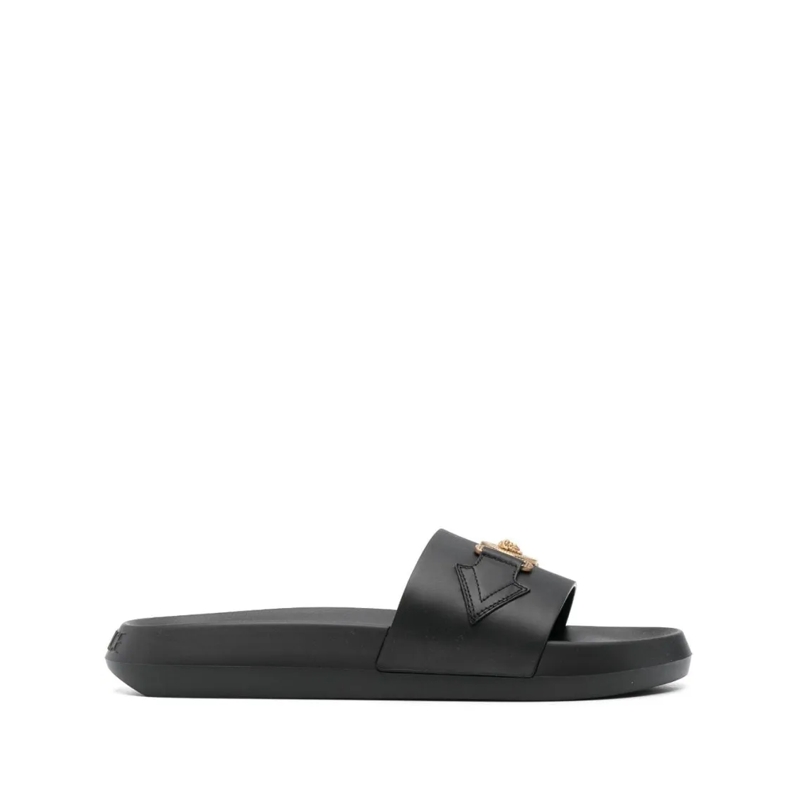 Versace Mocassin Calf Leather Slide Sandals Black