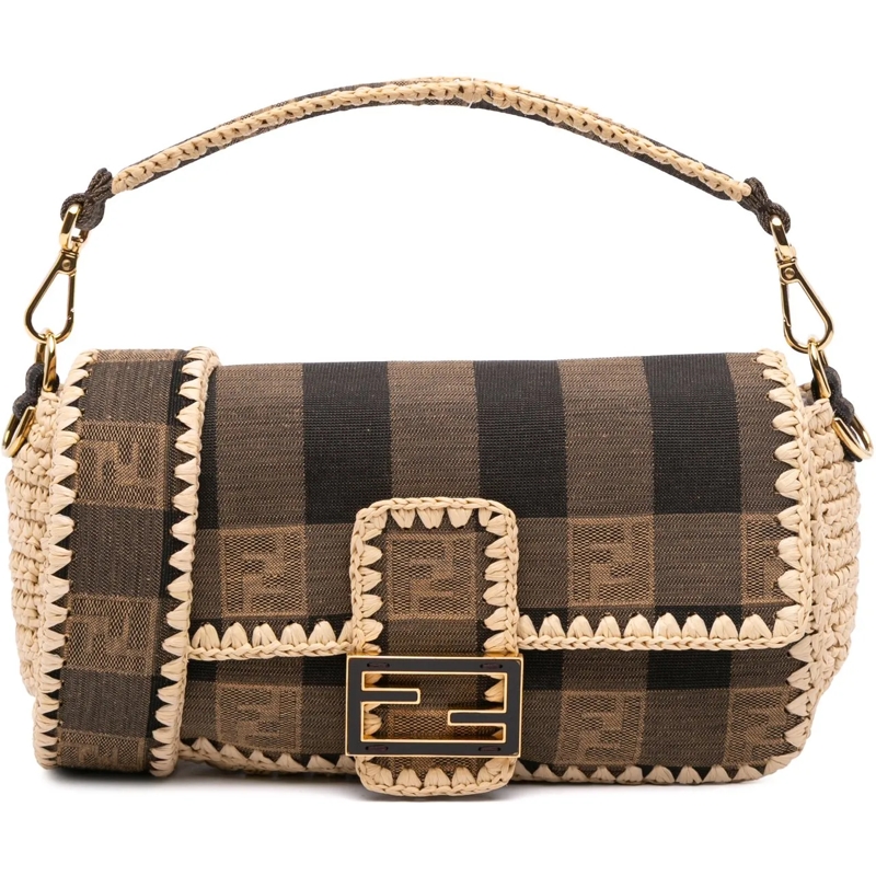 Fendi Sac à bandoulière Pequin Gingham Canvas And Raffia Baguette Satchel braun