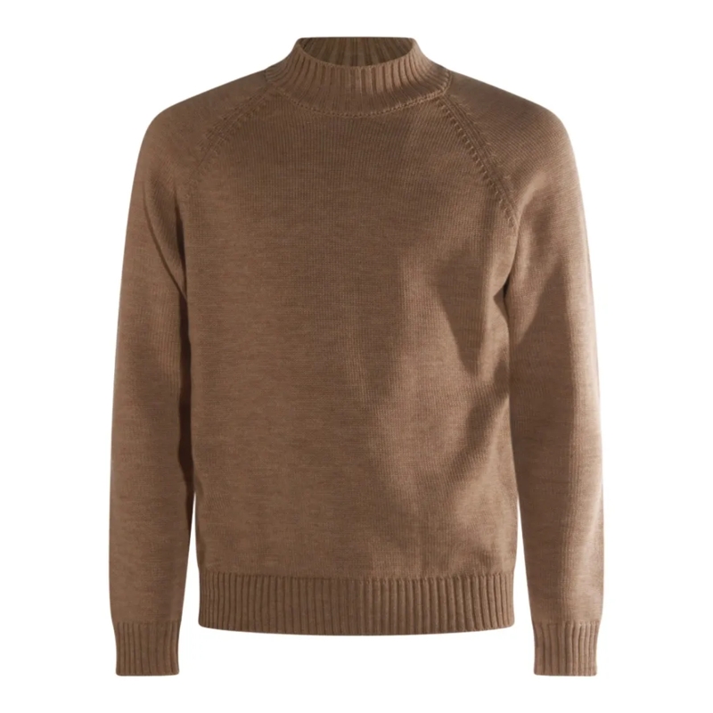 Zanone Pullover Crew Neck Knit Sweater With Ribbed Detailing Brown