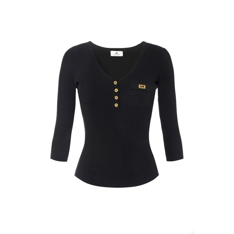Elisabetta Franchi Pull Fitted Black Sweater With Deep V-Neckline Black