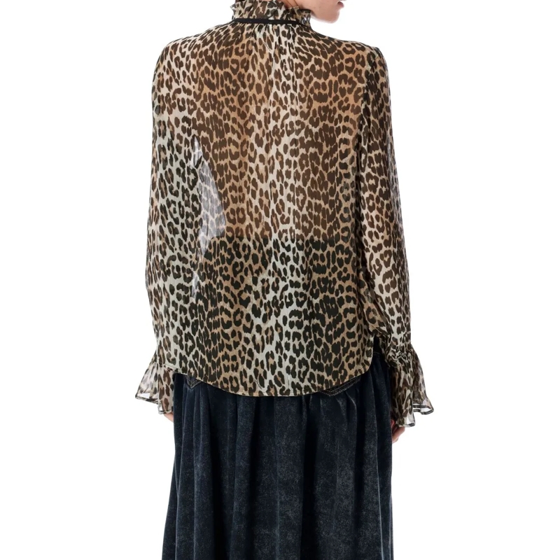 GANNI Chemise Leopard Print Chiffon Tie String Shirt Brown