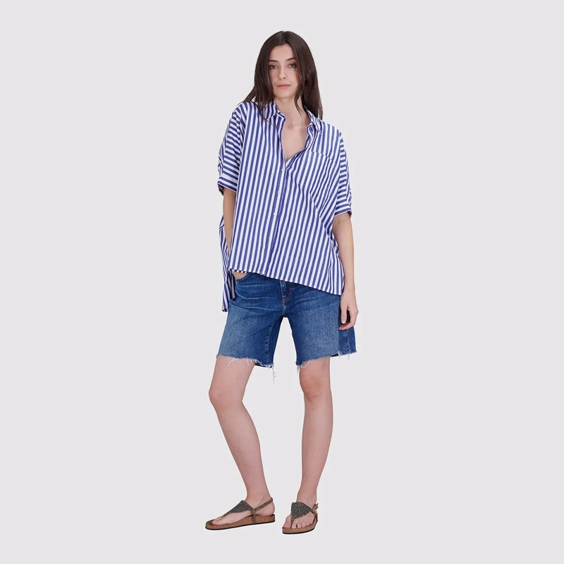 True Religion Bluse Oversized Kurzarmbluse mit Streifen Blau