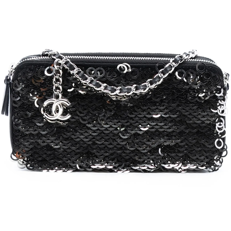 Chanel Schultertasche CC Calfskin and Sequin Double Zip Wallet on Chain schwarz