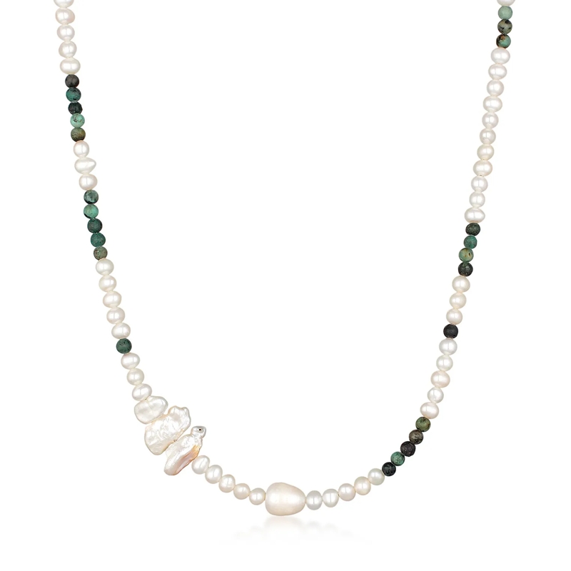 Haze & Glory Kurze Halskette Halskette Süßwasserperlen Afrikanischer Türkis T-B weiss