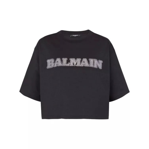 Balmain Rhinestone-Logo Cropped Cotton T-Shirt Black 