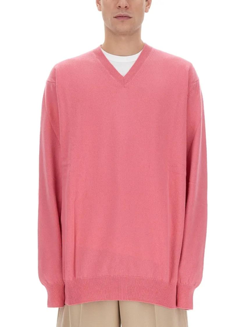 Thumbnail - Comme des Garcons - Relaxed-Fit V-Neck Wool Jersey Sweater - Größe L - pink