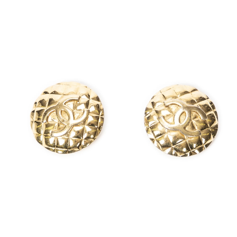 Chanel Ear Clips CC Quilted Round Clip On Earrings gold