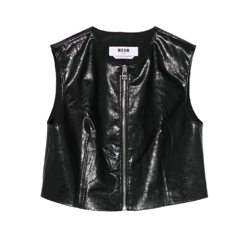 MSGM Top Textured Black Faux Leather Sleeveless Top With Fr Black
