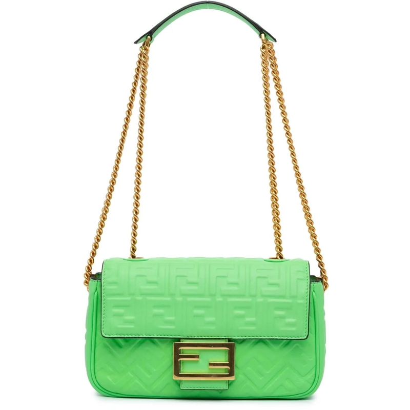 Fendi Schoudertas Zucca Embossed Leather Chain Midi Baguette grün