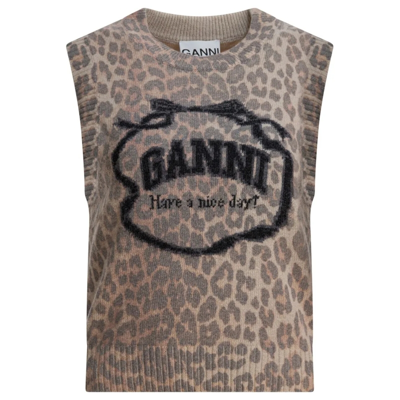 GANNI Pull Sleeveless Wool Vest With Graphic Logo Print Brown