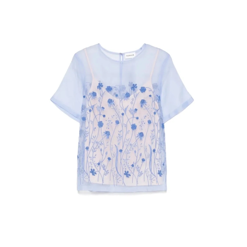 P.A.R.O.S.H. Chemisier Sheer Floral Embroidered Overlay Blouse Blue