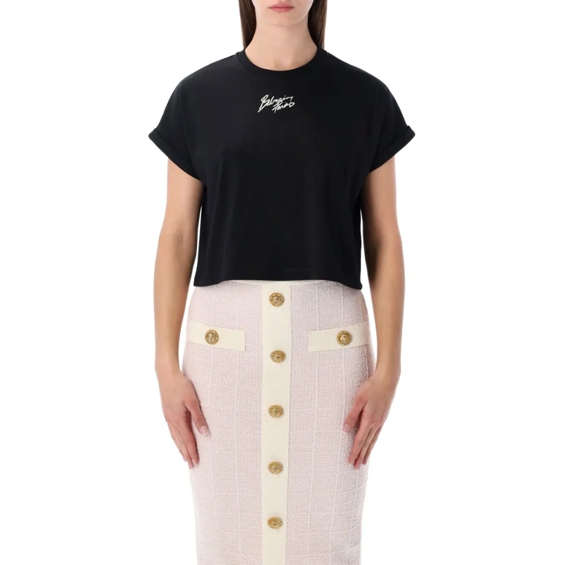 Balmain T-Shirt Cropped Logo Cotton T-Shirt Black