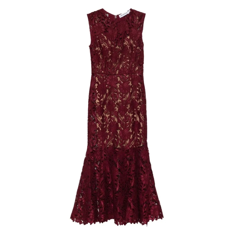 Self Portrait Midikleid Floral Lace Overlay Midi Dress With Fitted Bodice Red