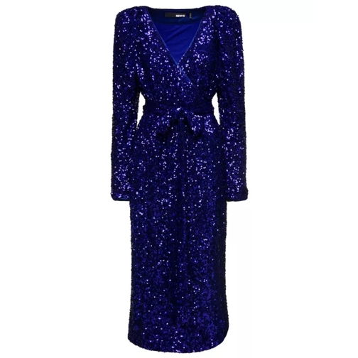 Rotate Long Blue Wrap Dress With All-Over Sequins In Stre Blue 