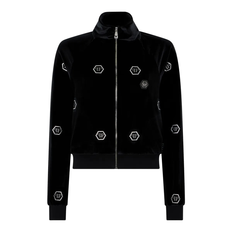 Philipp Plein Daunenjacke Chenille Tracksuit Jacket Mini Monogram Crystal Mo schwarz